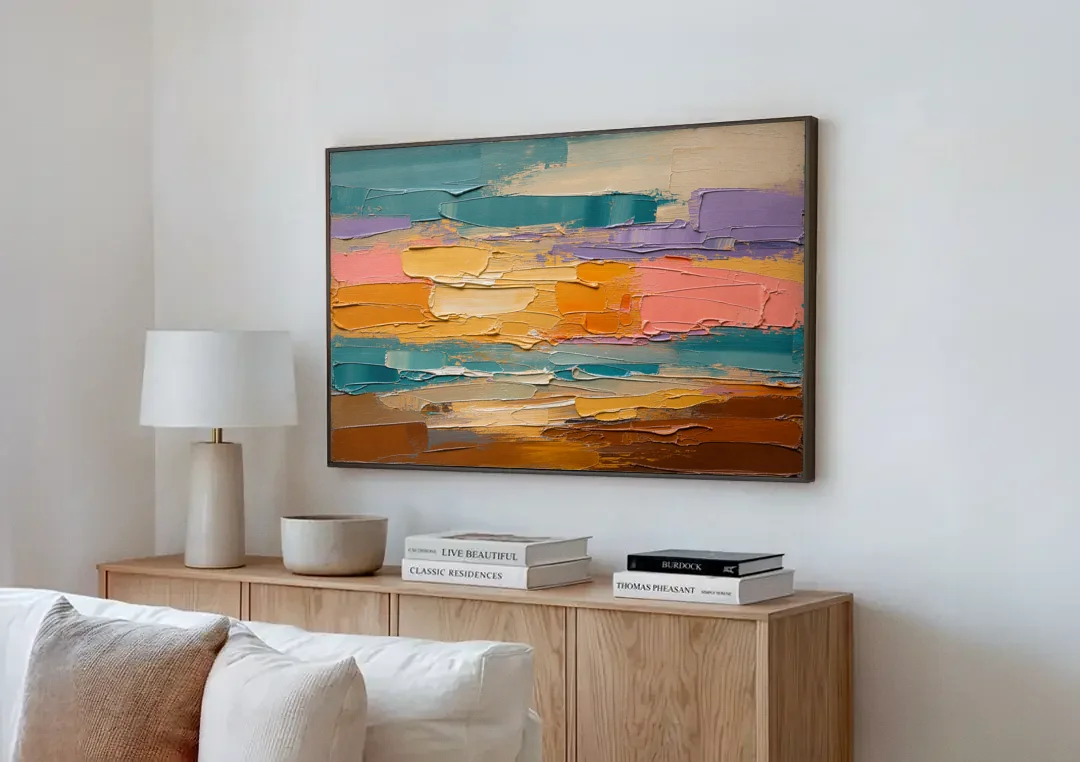 Large Wall Decor for Living Room Amber Field canvas wall art above a wooden sideboard next to a sofa