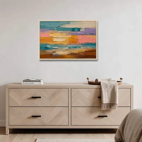 Large Wall Decor for Living Room Amber Field - Oak Framed Canvas Wall Art - Coffee Table - 36x24