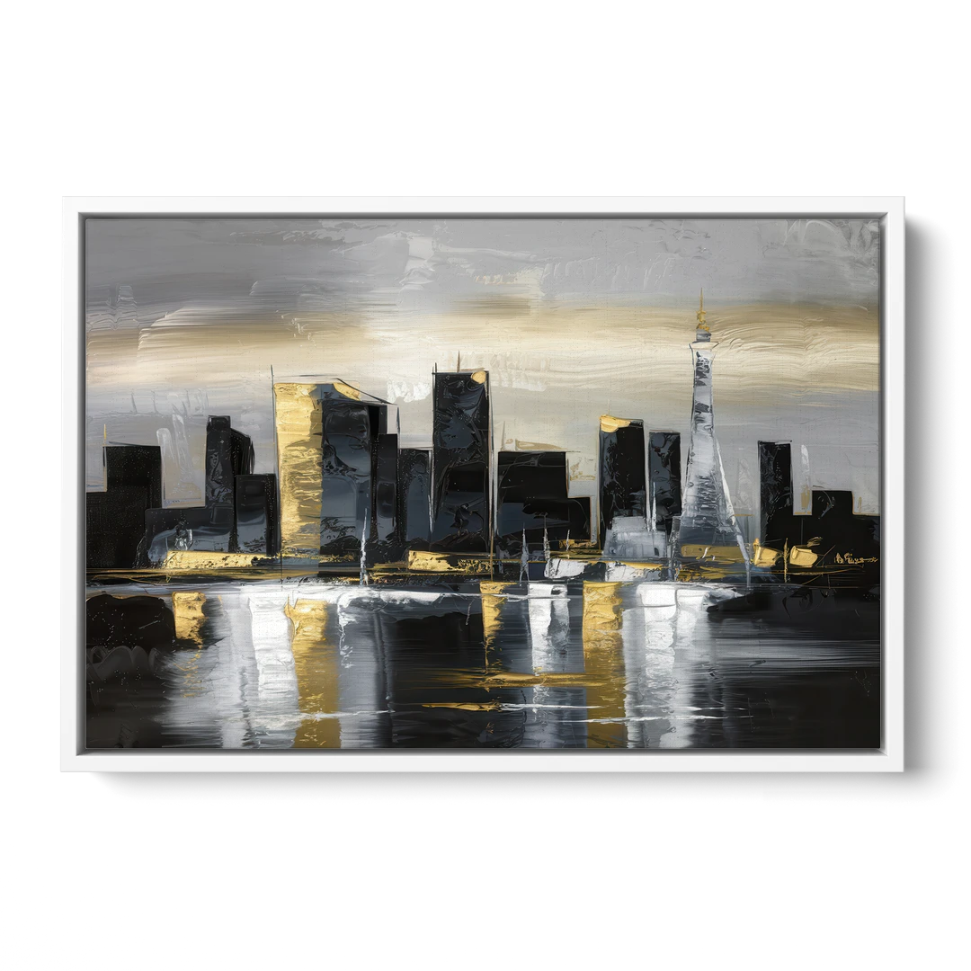 Las Vegas Black And White Skyline - White Framed Canvas Wall Art - Front
