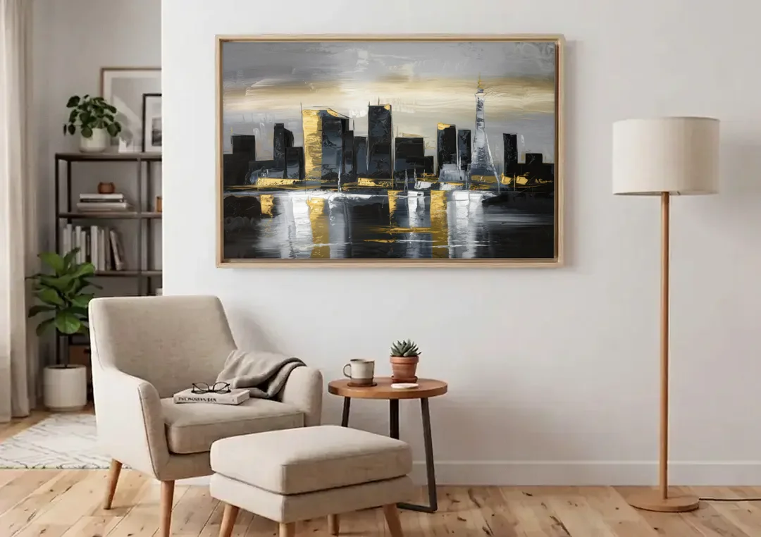 Las Vegas Black And White Skyline canvas wall art above an armchair in a bright living room