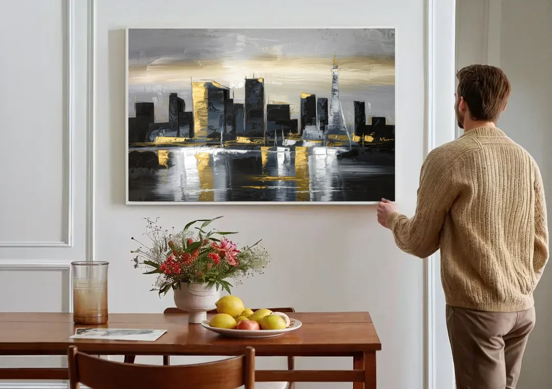 Las Vegas Black And White Skyline canvas wall art above a dining table