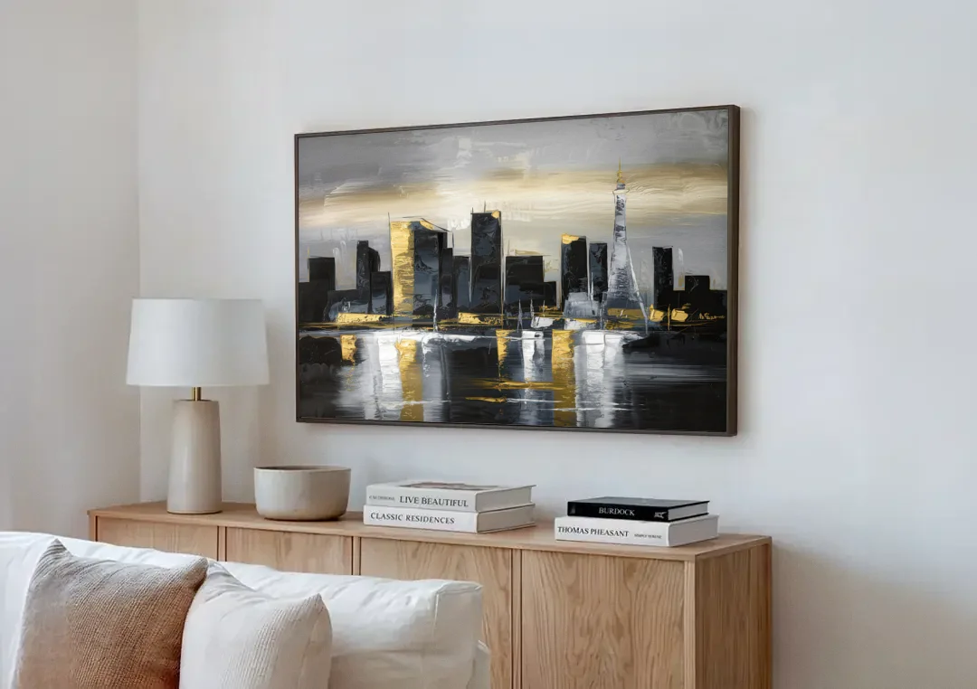 Las Vegas Black And White Skyline canvas wall art above a wooden sideboard next to a sofa