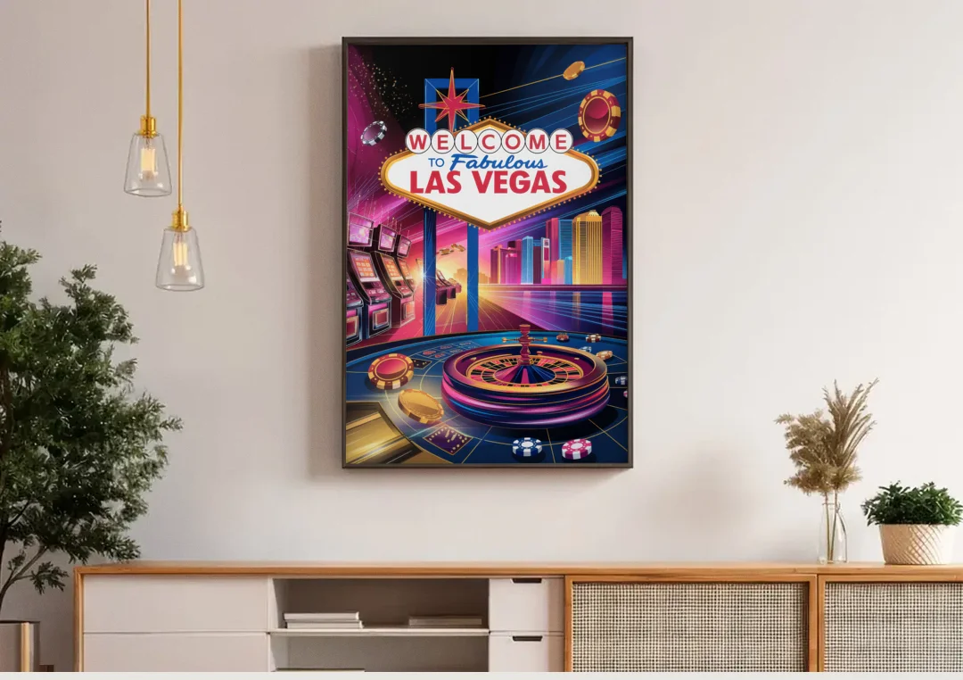 Las Vegas Casino Glamour canvas wall art above a wooden sideboard under pendant lights