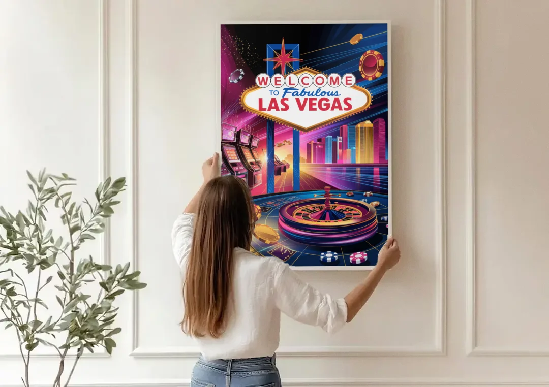 Las Vegas Casino Glamour canvas wall art being hung on a paneled wall