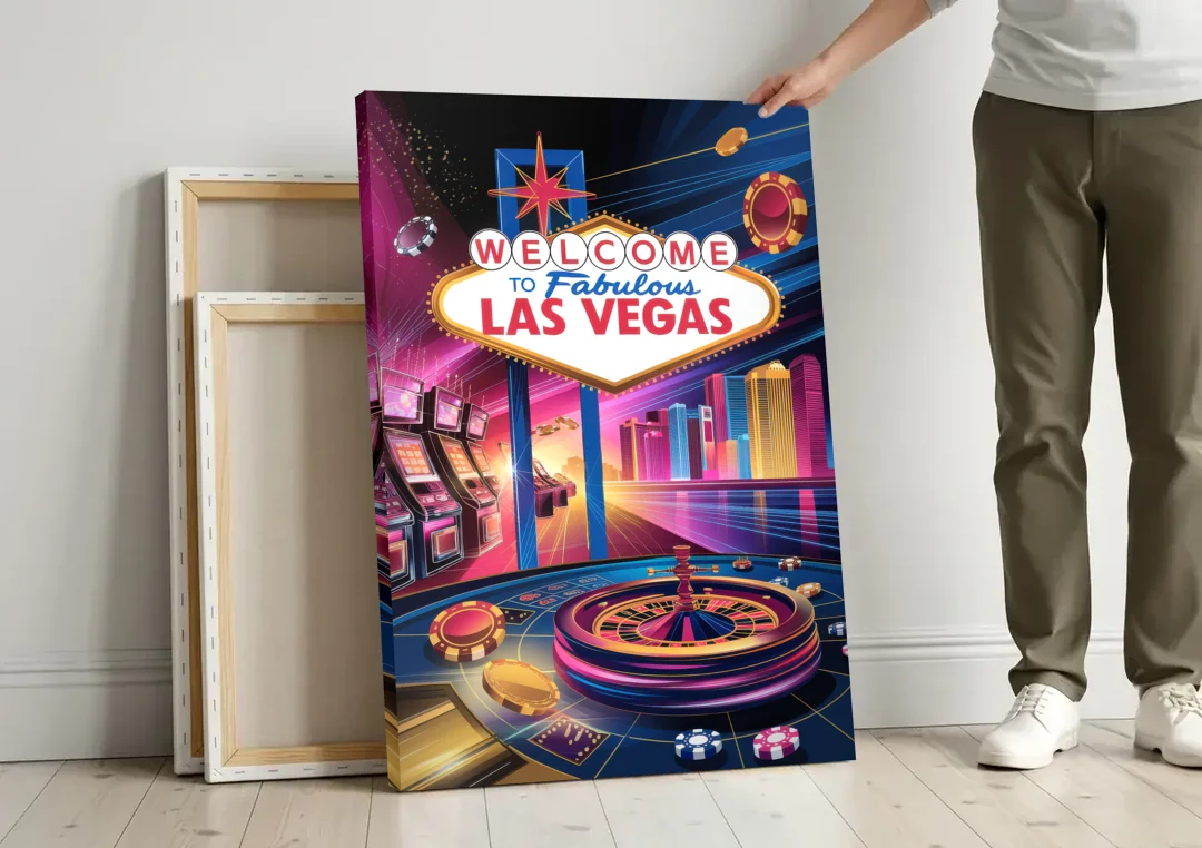 Las Vegas Casino Glamour canvas wall art leaning against a wall next to blank canvases