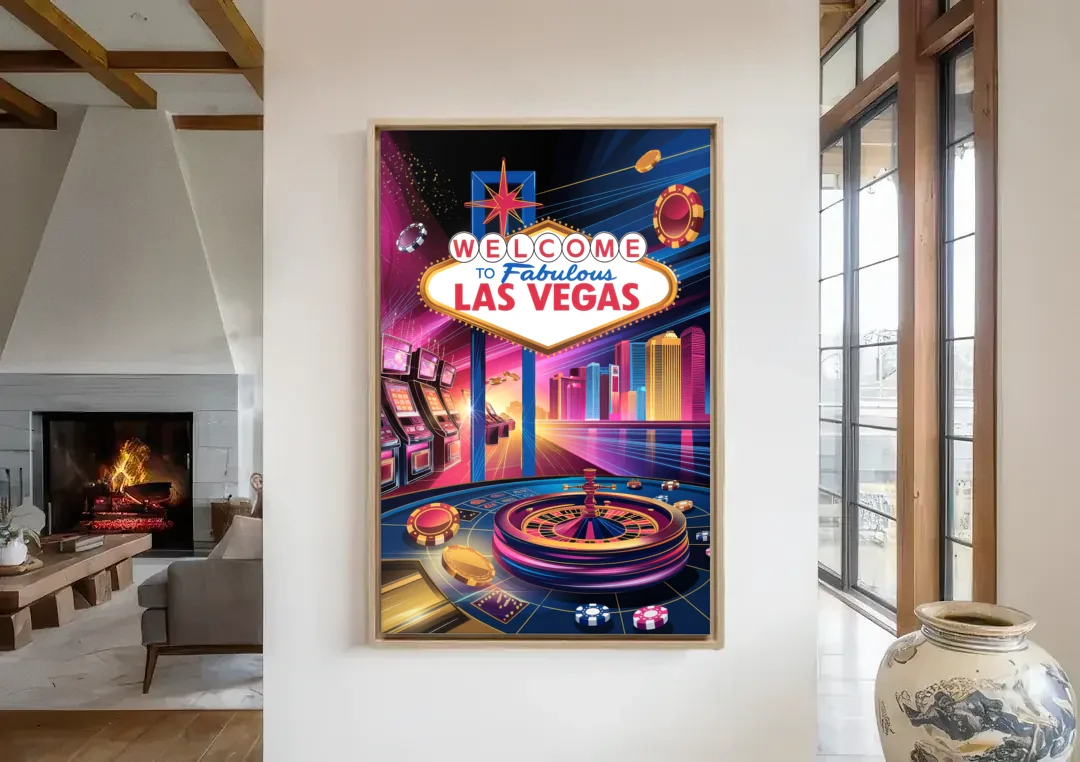 Las Vegas Casino Glamour canvas wall art in a living room with a fireplace
