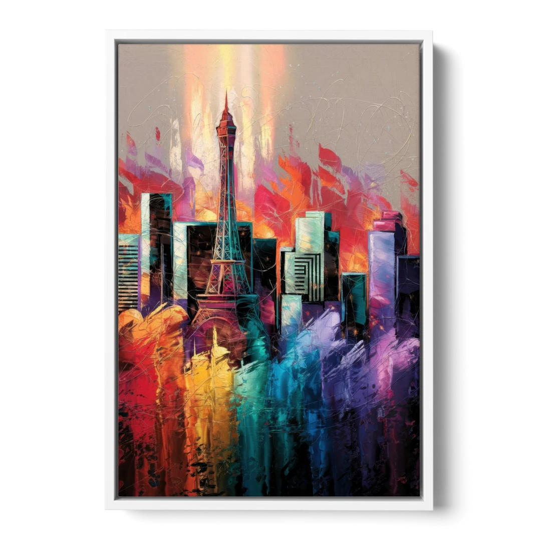Las Vegas City Skyline - White Framed Canvas Wall Art - Front