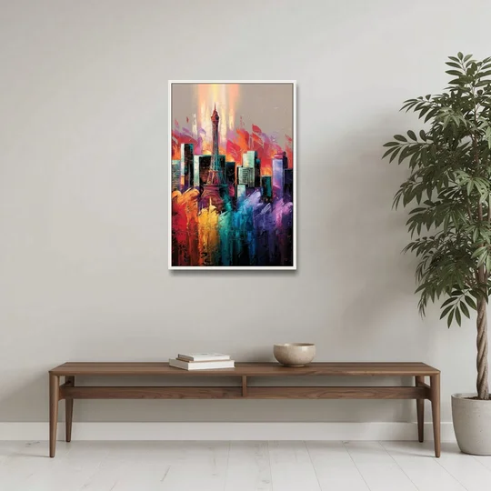Las Vegas City Skyline - White Framed Canvas Wall Art - Coffee Table - 24x36
