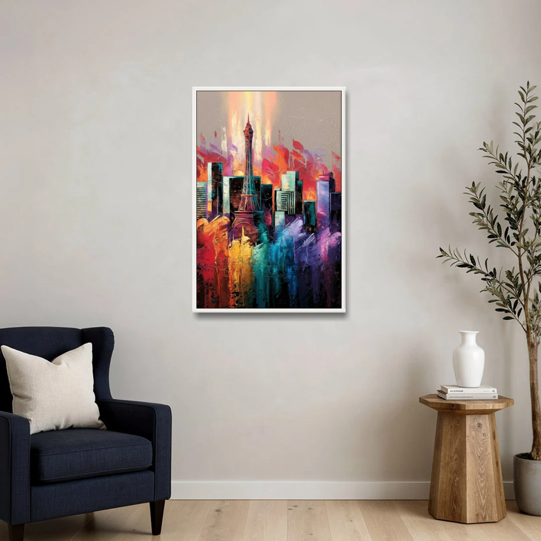 Las Vegas City Skyline - White Framed Canvas Wall Art - Sofa - 24x36