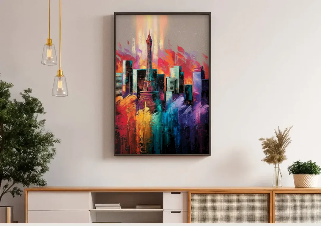 Las Vegas City Skyline canvas wall art above a wooden sideboard under pendant lights