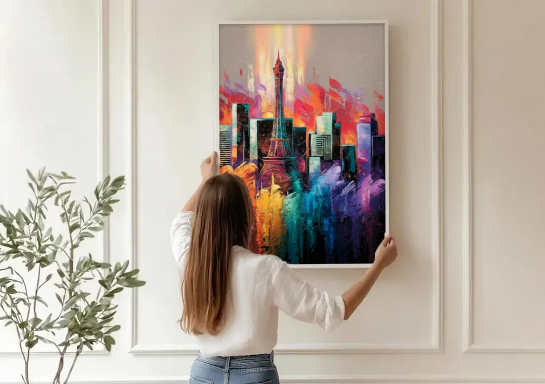 Las Vegas City Skyline canvas wall art being hung on a paneled wall