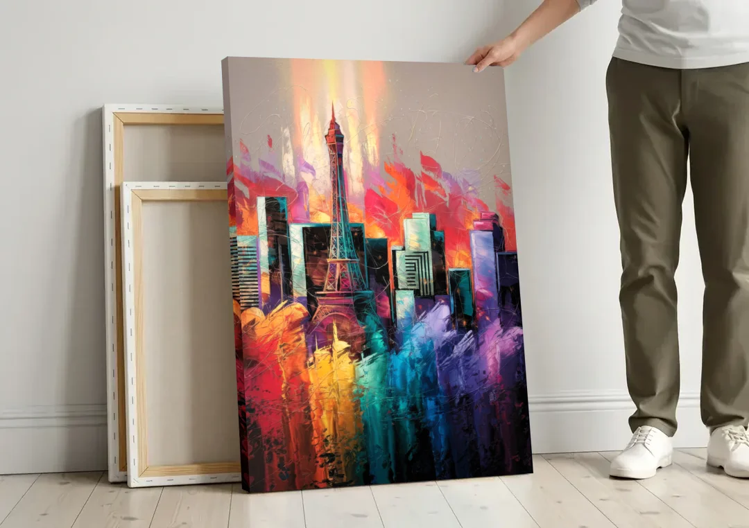 Las Vegas City Skyline canvas wall art leaning against a wall next to blank canvases