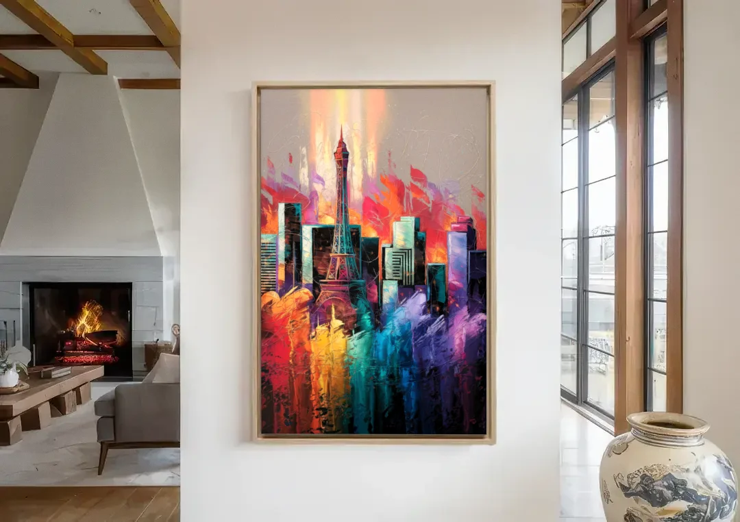 Las Vegas City Skyline canvas wall art in a living room with a fireplace