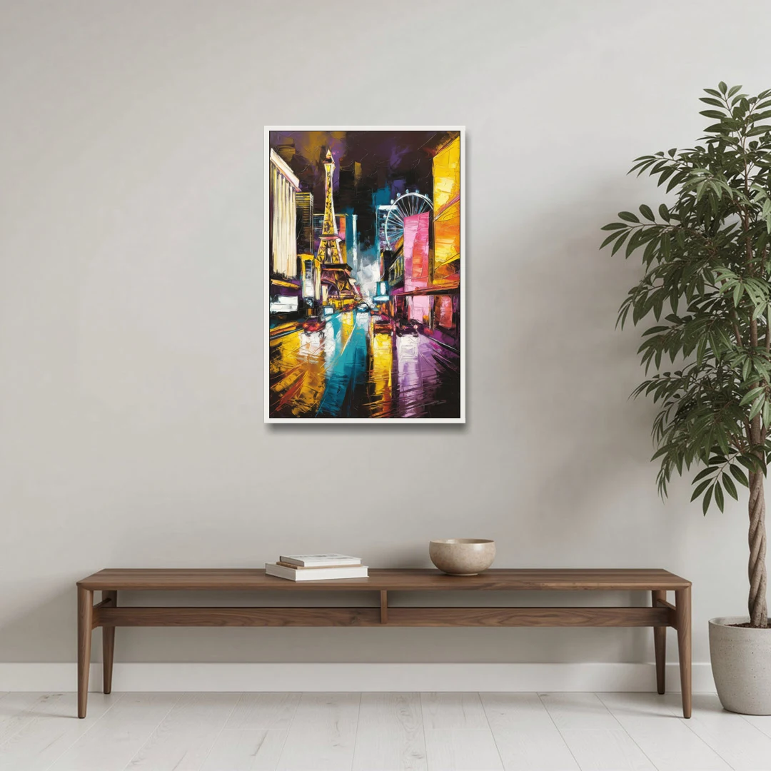 Las Vegas Downtown Energy - White Framed Canvas Wall Art - Coffee Table - 24x36