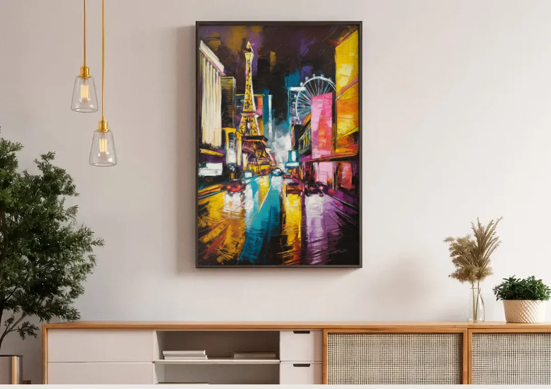 Las Vegas Downtown Energy canvas wall art above a wooden sideboard under pendant lights