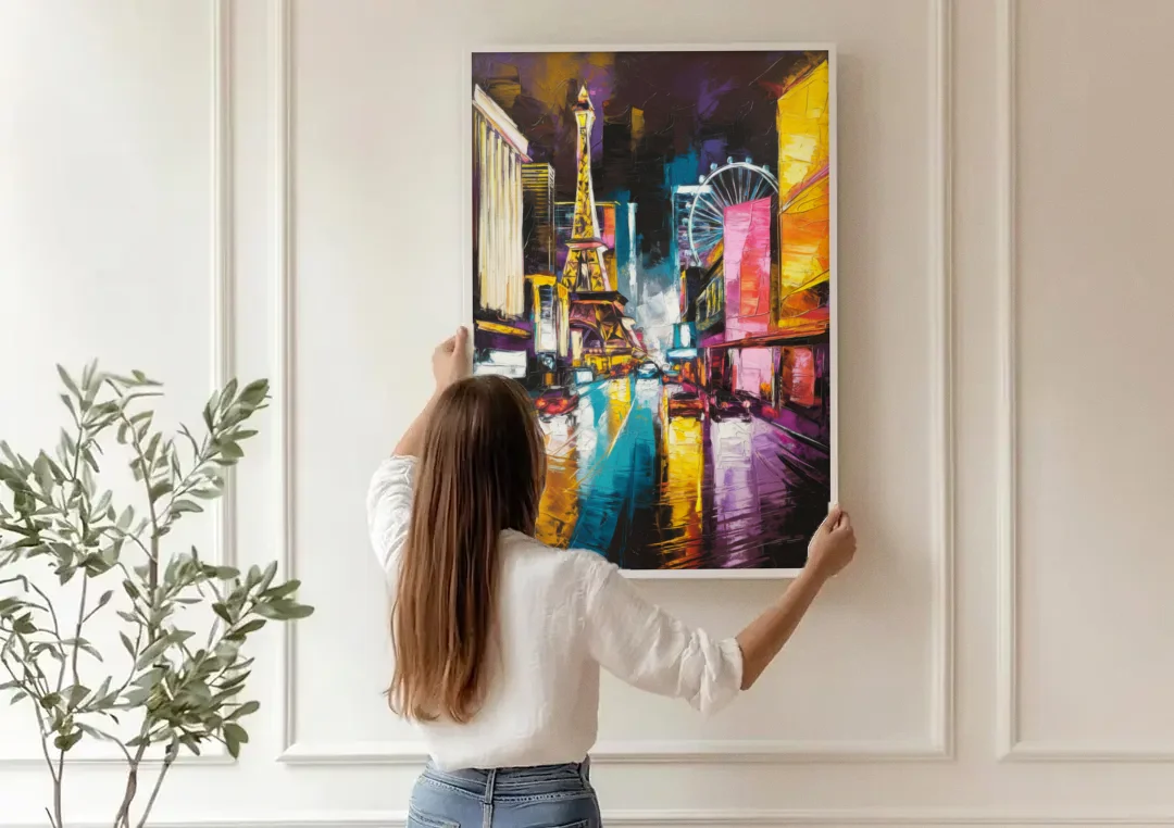 Las Vegas Downtown Energy canvas wall art being hung on a paneled wall