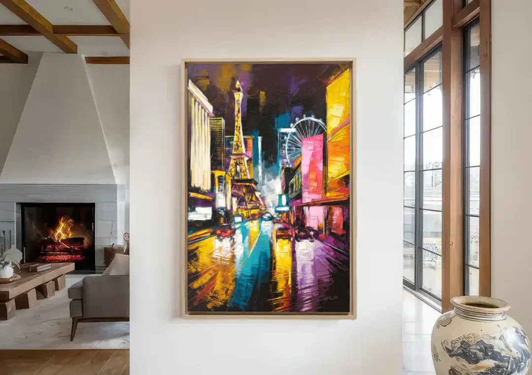 Las Vegas Downtown Energy canvas wall art in a living room with a fireplace