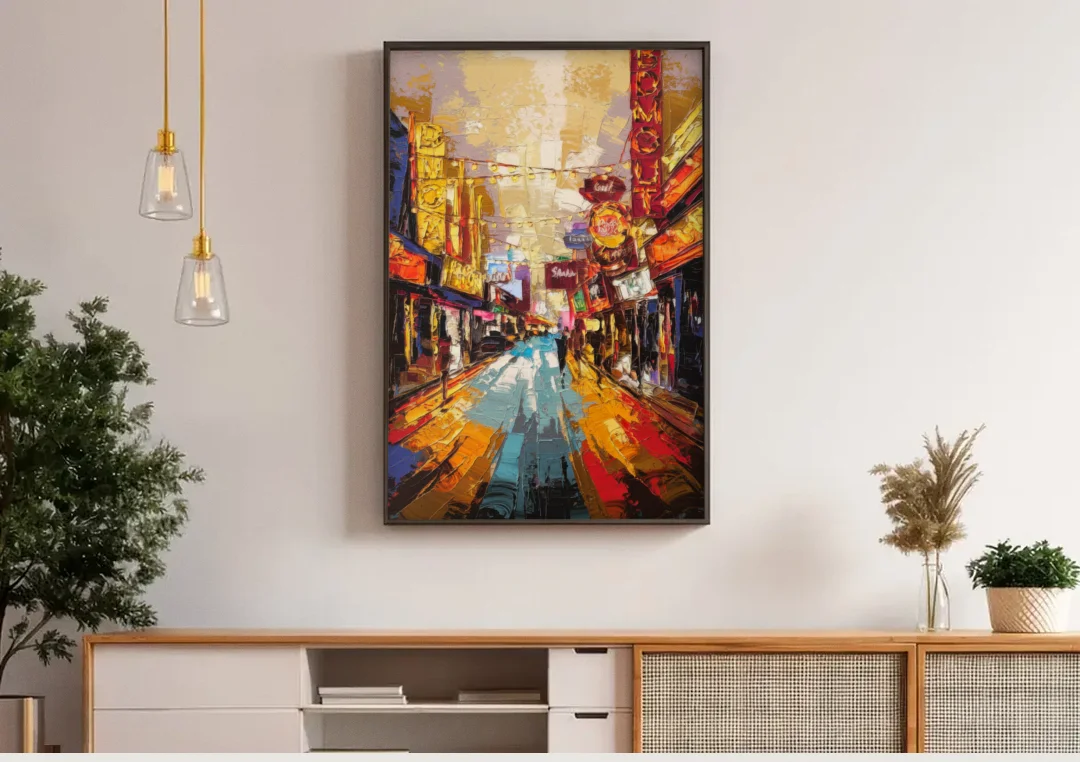 Las Vegas Fremont Street canvas wall art above a wooden sideboard under pendant lights