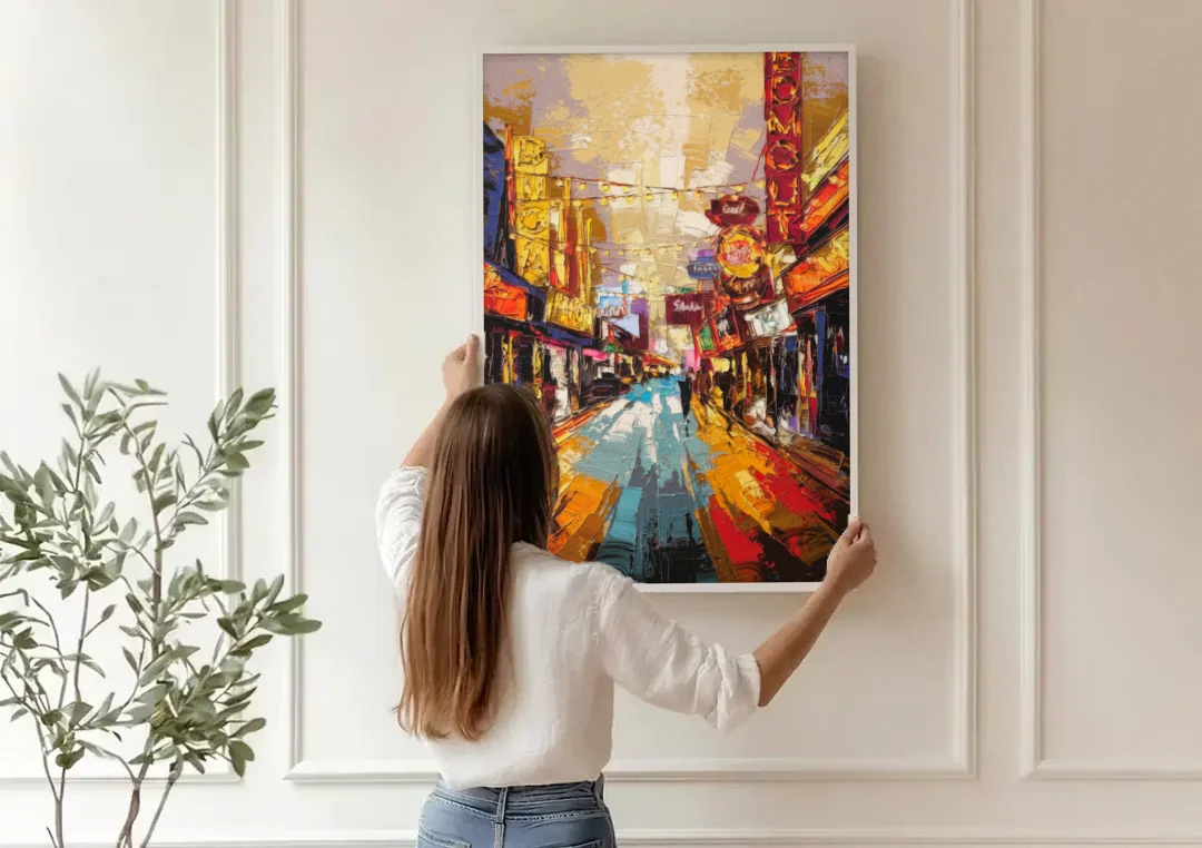 Las Vegas Fremont Street canvas wall art being hung on a paneled wall