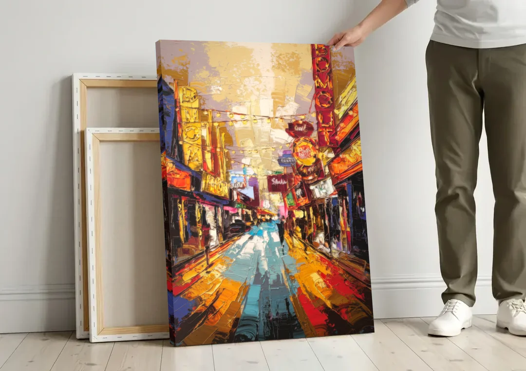 Las Vegas Fremont Street canvas wall art leaning against a wall next to blank canvases