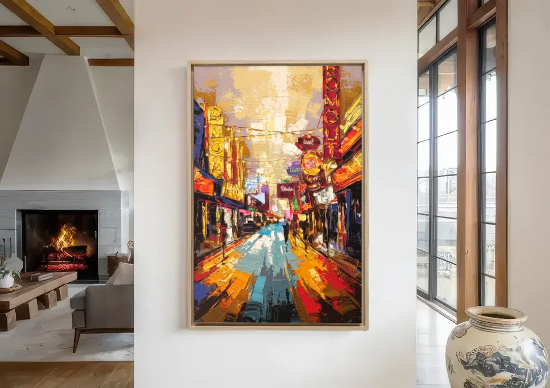 Las Vegas Fremont Street canvas wall art in a living room with a fireplace