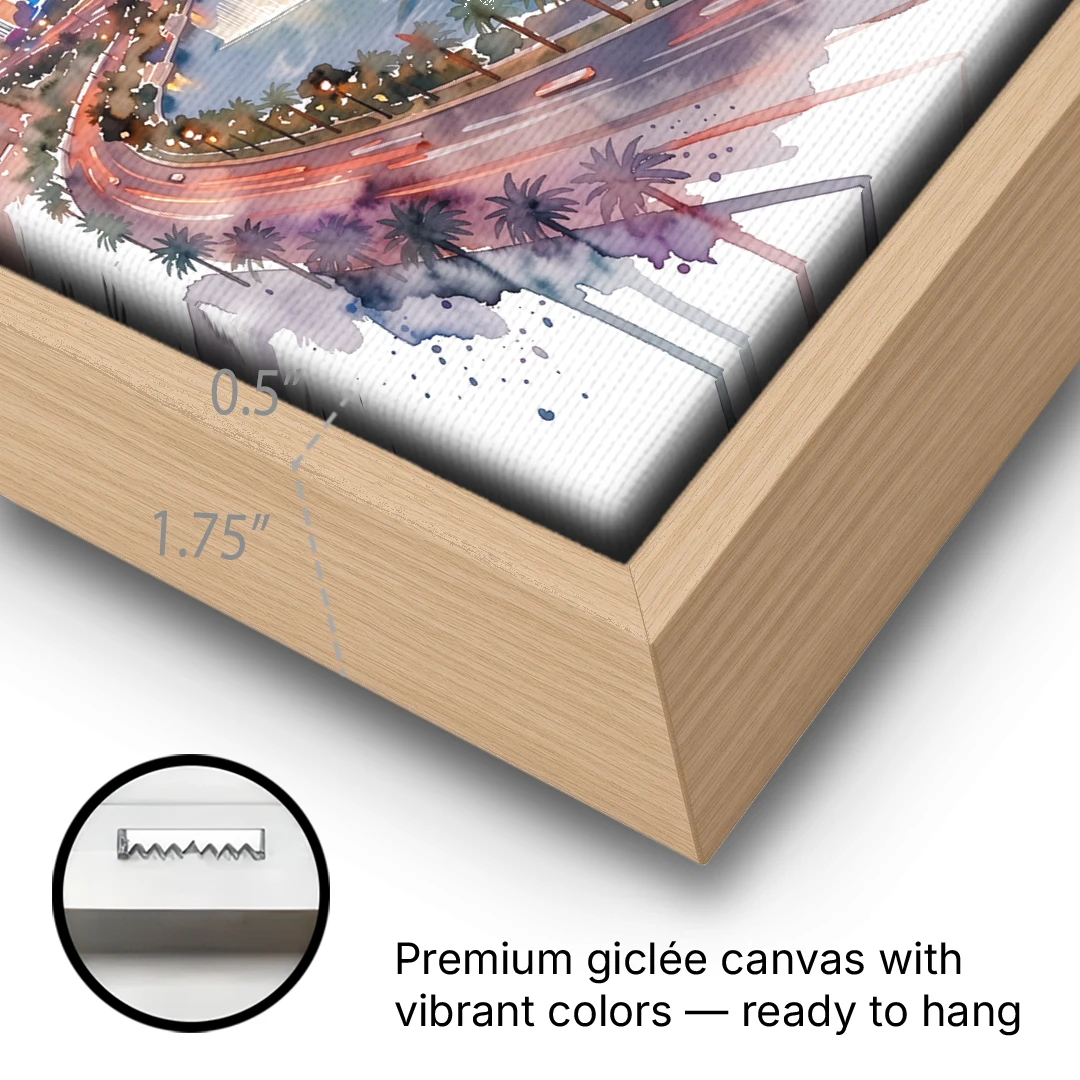 Las Vegas Iconic Strip - Oak Framed Canvas Wall Art - Gallery Wrap Corner