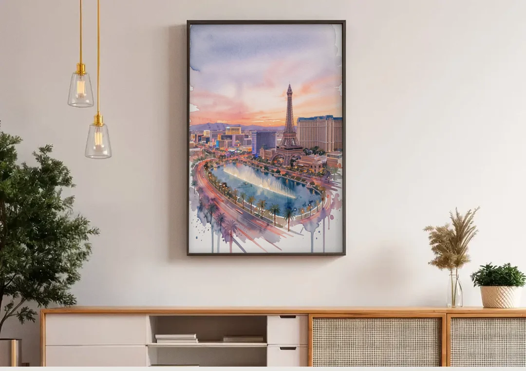 Las Vegas Iconic Strip canvas wall art above a wooden sideboard under pendant lights