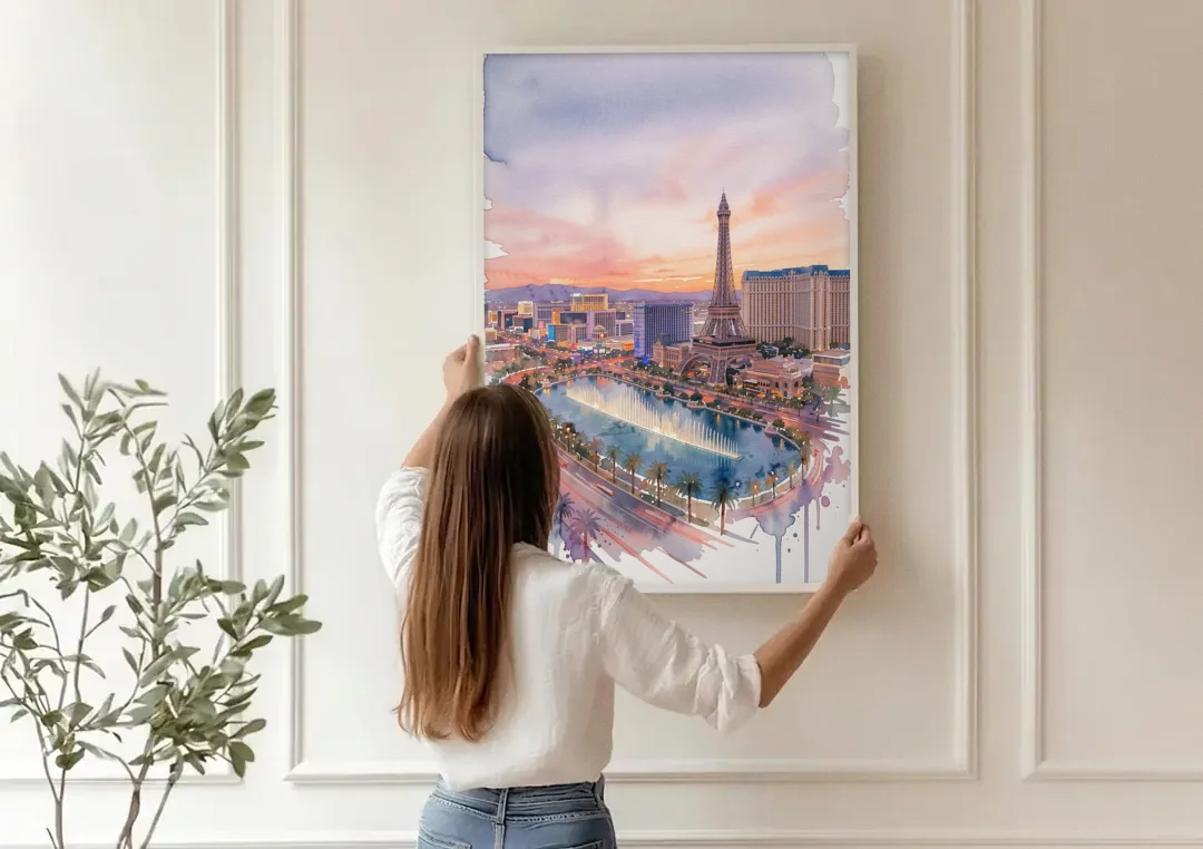 Las Vegas Iconic Strip canvas wall art being hung on a paneled wall