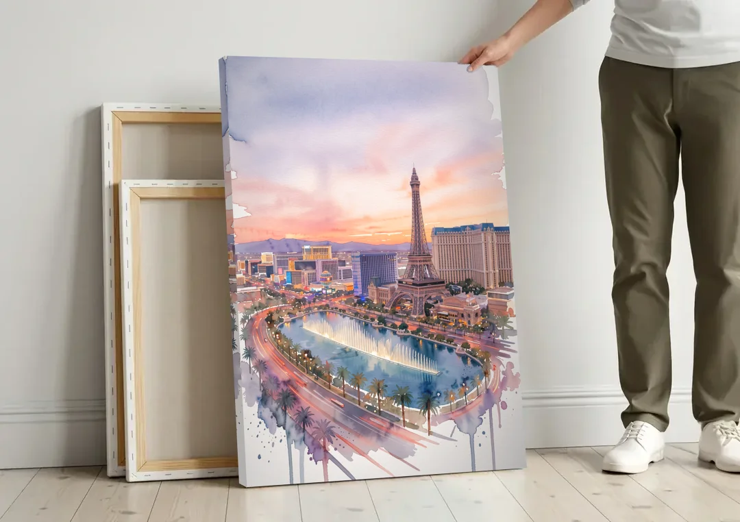 Las Vegas Iconic Strip canvas wall art leaning against a wall next to blank canvases