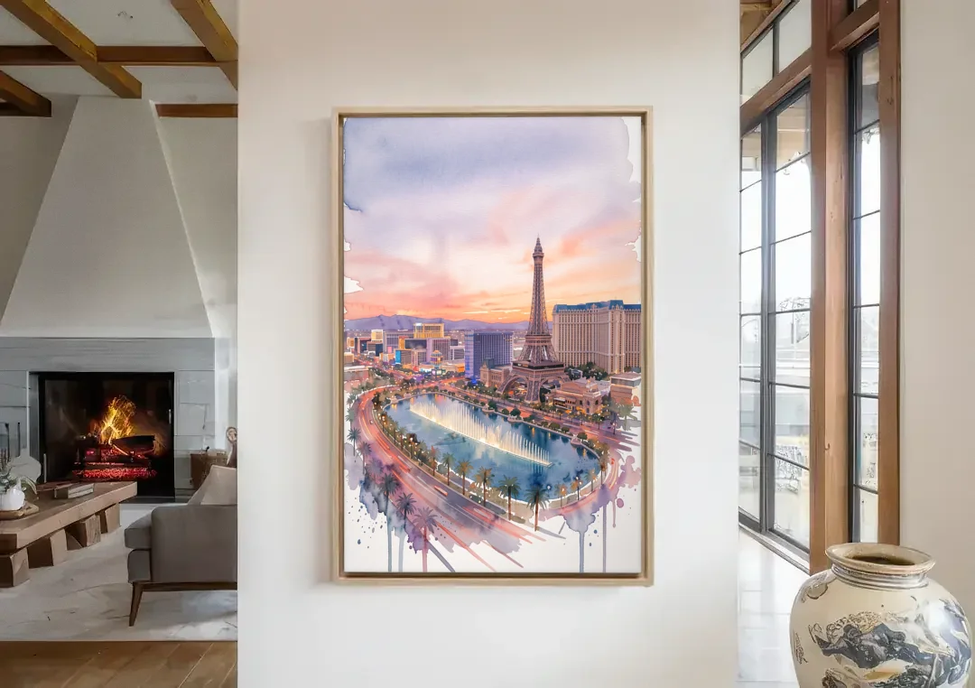 Las Vegas Iconic Strip canvas wall art in a living room with a fireplace