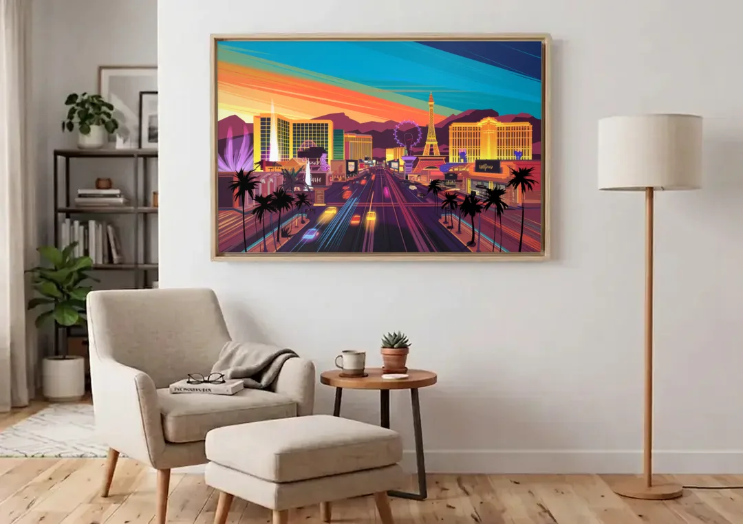 Las Vegas Iconic Strip Experience canvas wall art above an armchair in a bright living room