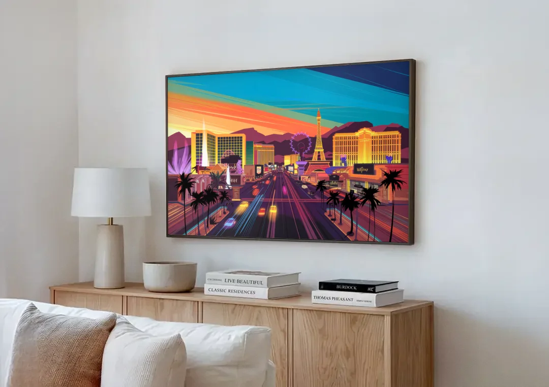 Las Vegas Iconic Strip Experience canvas wall art above a wooden sideboard next to a sofa