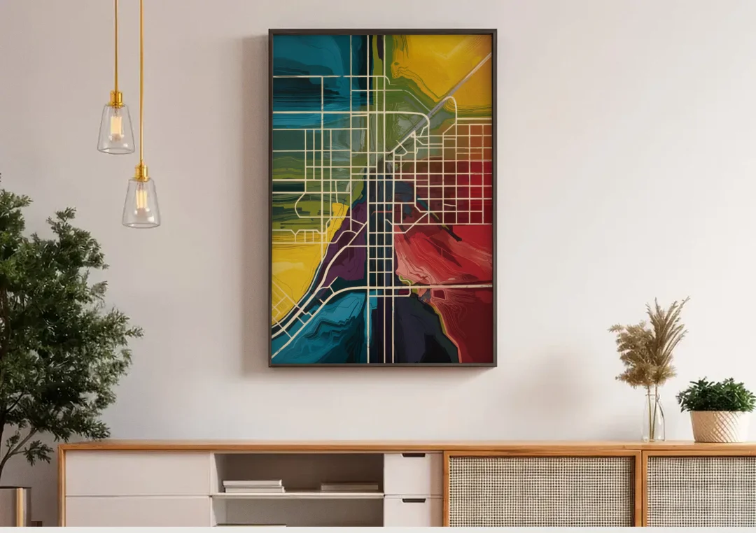 Las Vegas Map Design canvas wall art above a wooden sideboard under pendant lights