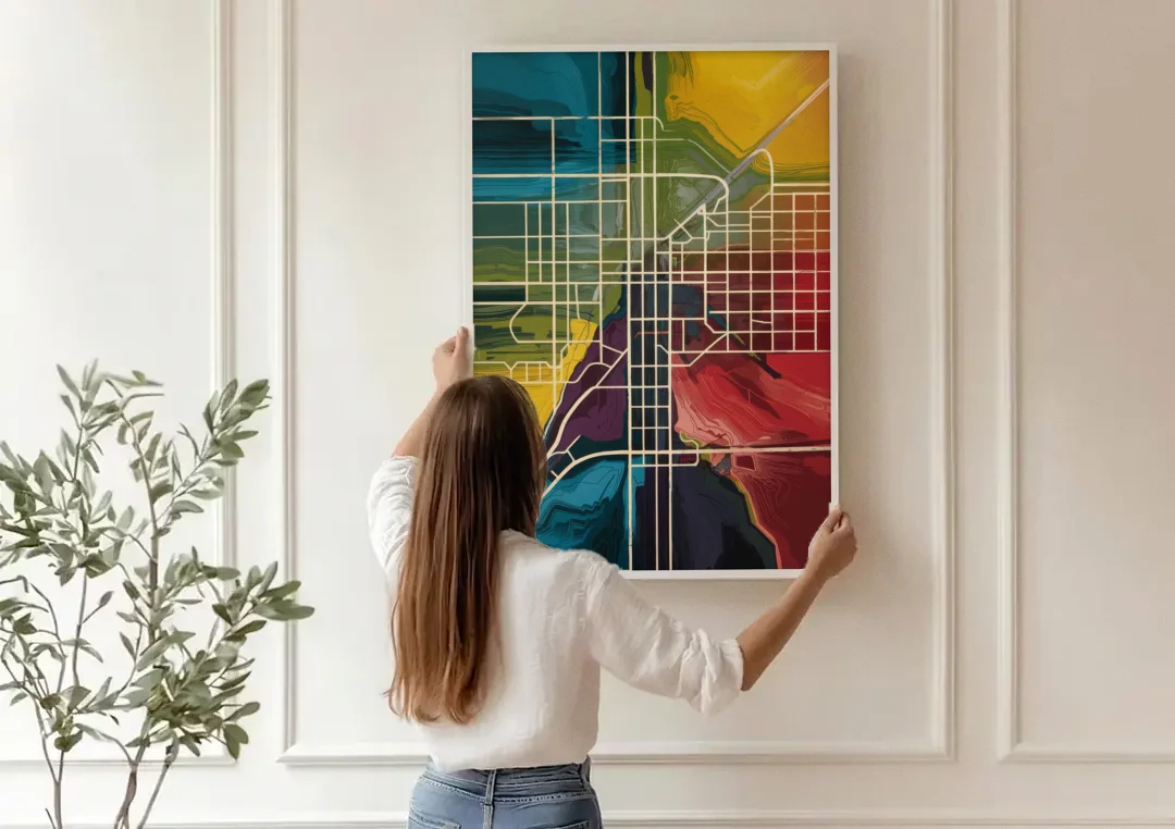 Las Vegas Map Design canvas wall art being hung on a paneled wall