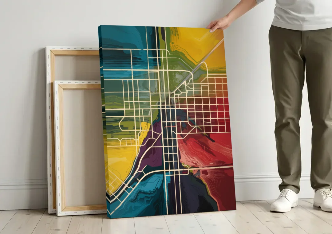 Las Vegas Map Design canvas wall art leaning against a wall next to blank canvases