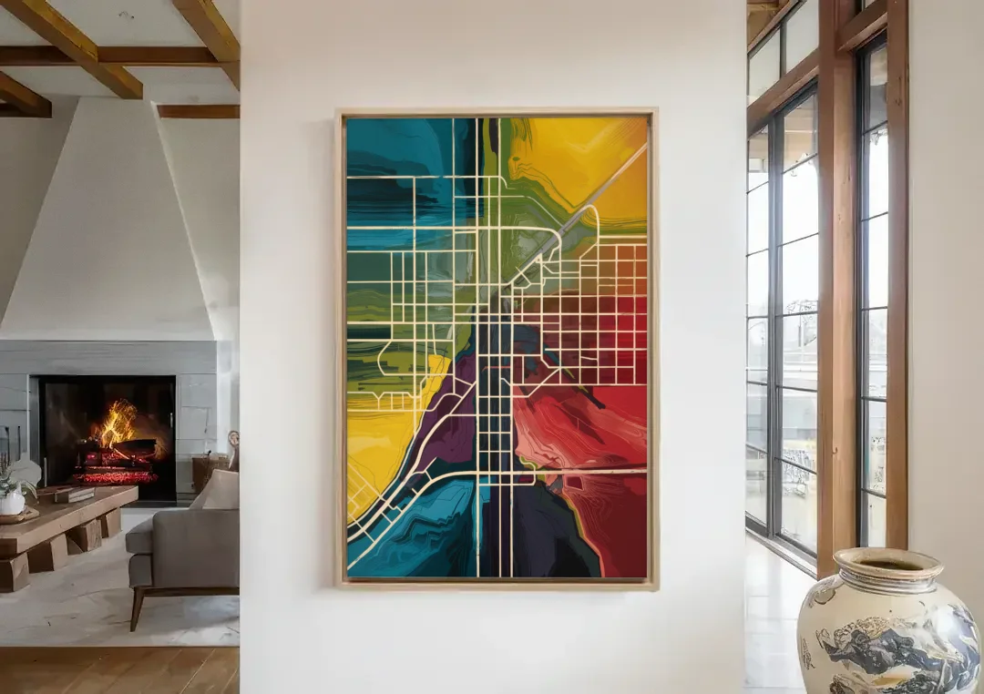 Las Vegas Map Design canvas wall art in a living room with a fireplace
