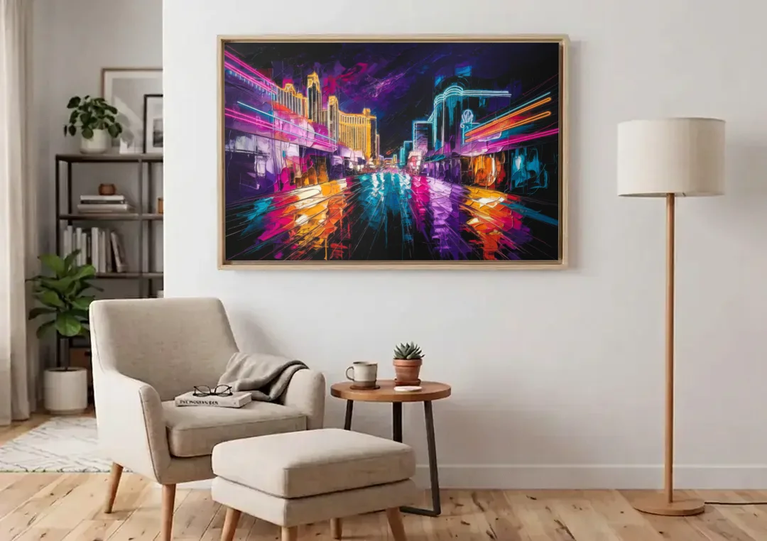 Las Vegas Neon Nights canvas wall art above an armchair in a bright living room