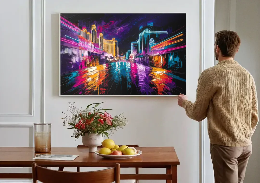 Las Vegas Neon Nights canvas wall art above a dining table
