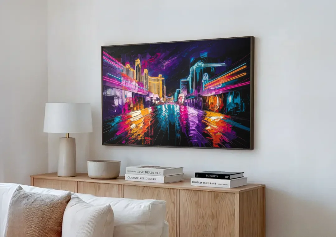 Las Vegas Neon Nights canvas wall art above a wooden sideboard next to a sofa