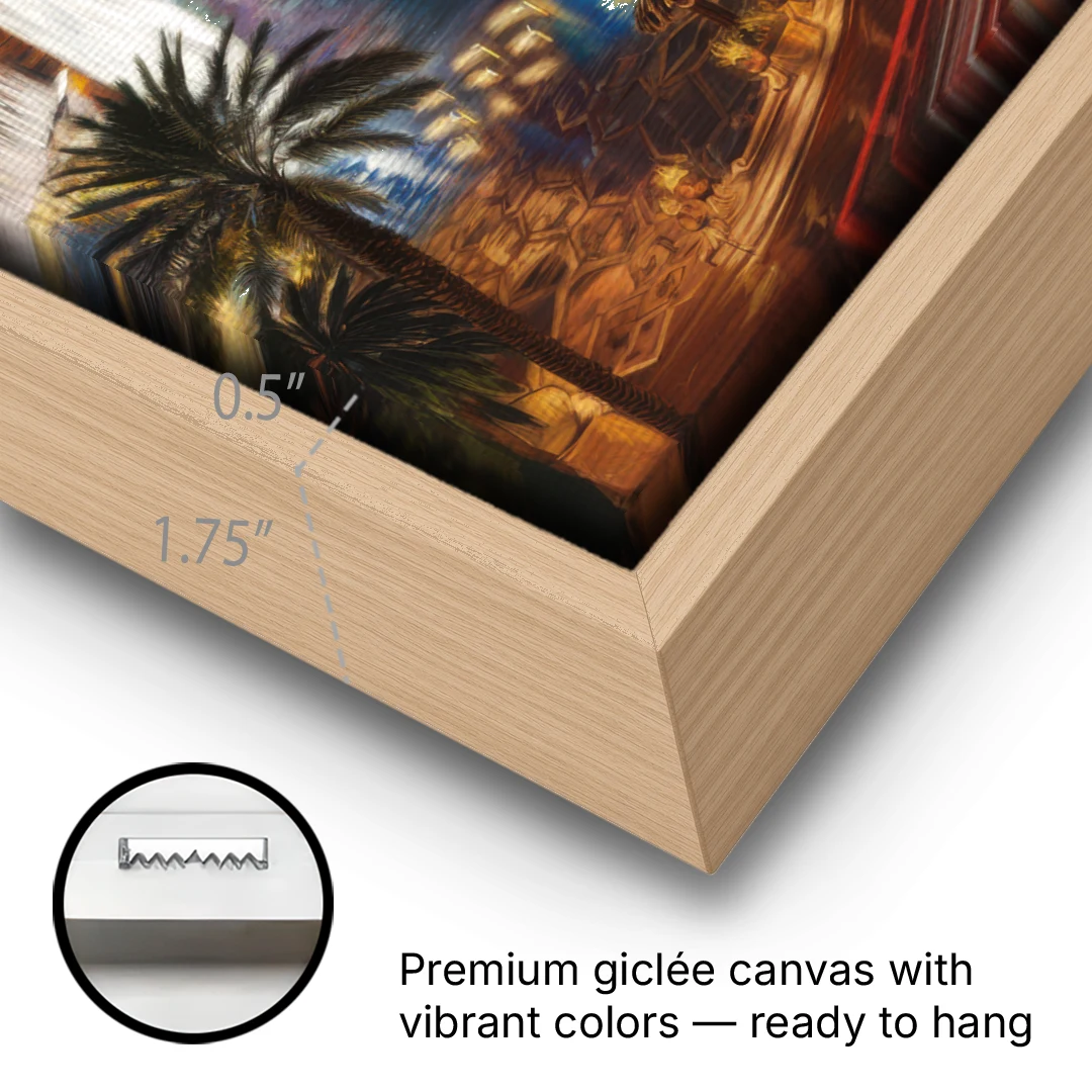 Las Vegas Nightscape - Oak Framed Canvas Wall Art - Gallery Wrap Corner