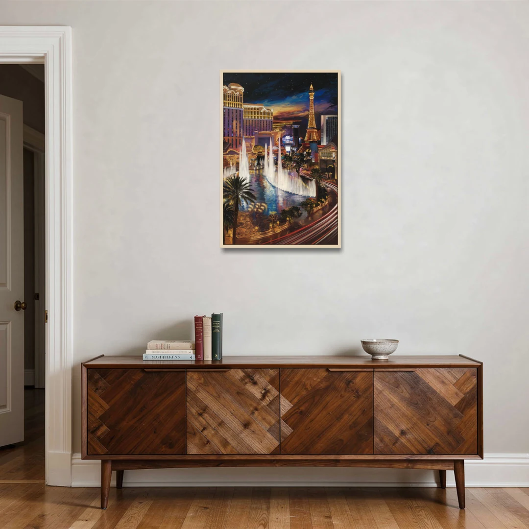 Las Vegas Nightscape - Oak Framed Canvas Wall Art - Coffee Table - 24x36