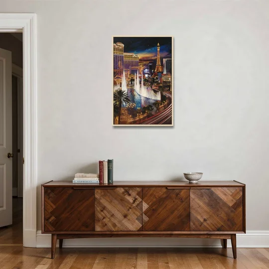 Las Vegas Nightscape - Oak Framed Canvas Wall Art - Coffee Table - 24x36
