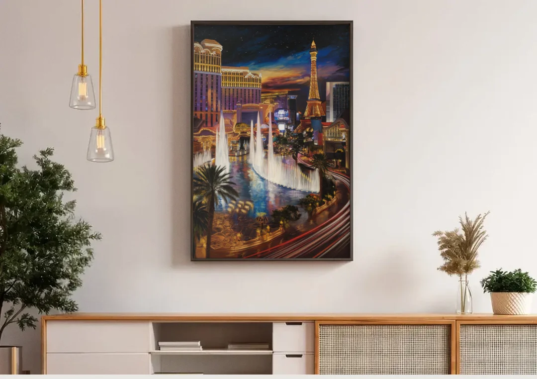 Las Vegas Nightscape canvas wall art above a wooden sideboard under pendant lights