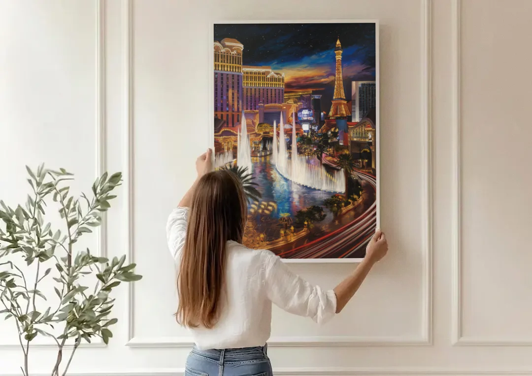 Las Vegas Nightscape canvas wall art being hung on a paneled wall