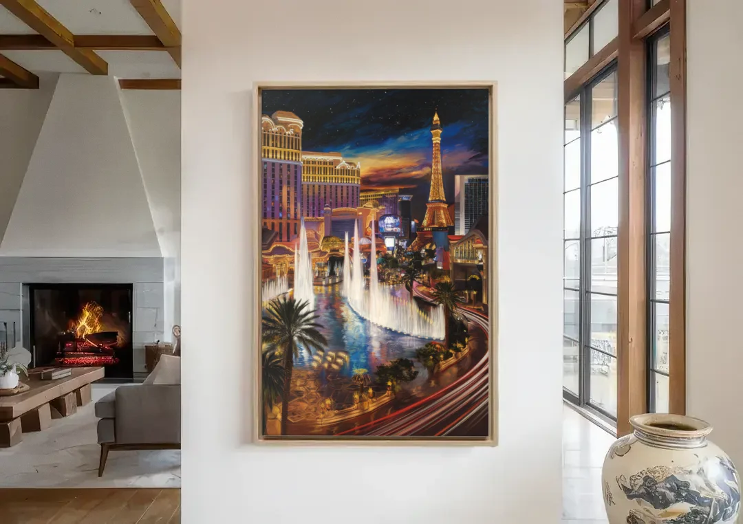 Las Vegas Nightscape canvas wall art in a living room with a fireplace