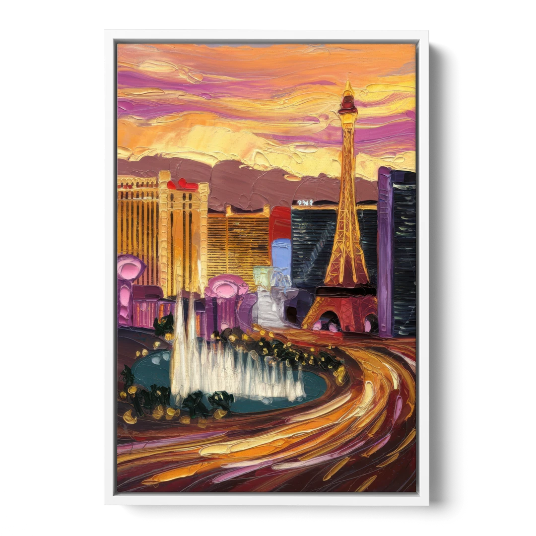 Las Vegas Skyline at Sunset - White Framed Canvas Wall Art - Front