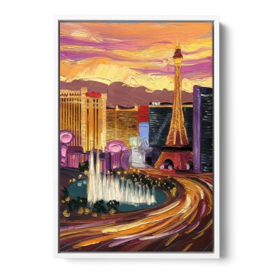 Las Vegas Skyline at Sunset - White Framed Canvas Wall Art - Front