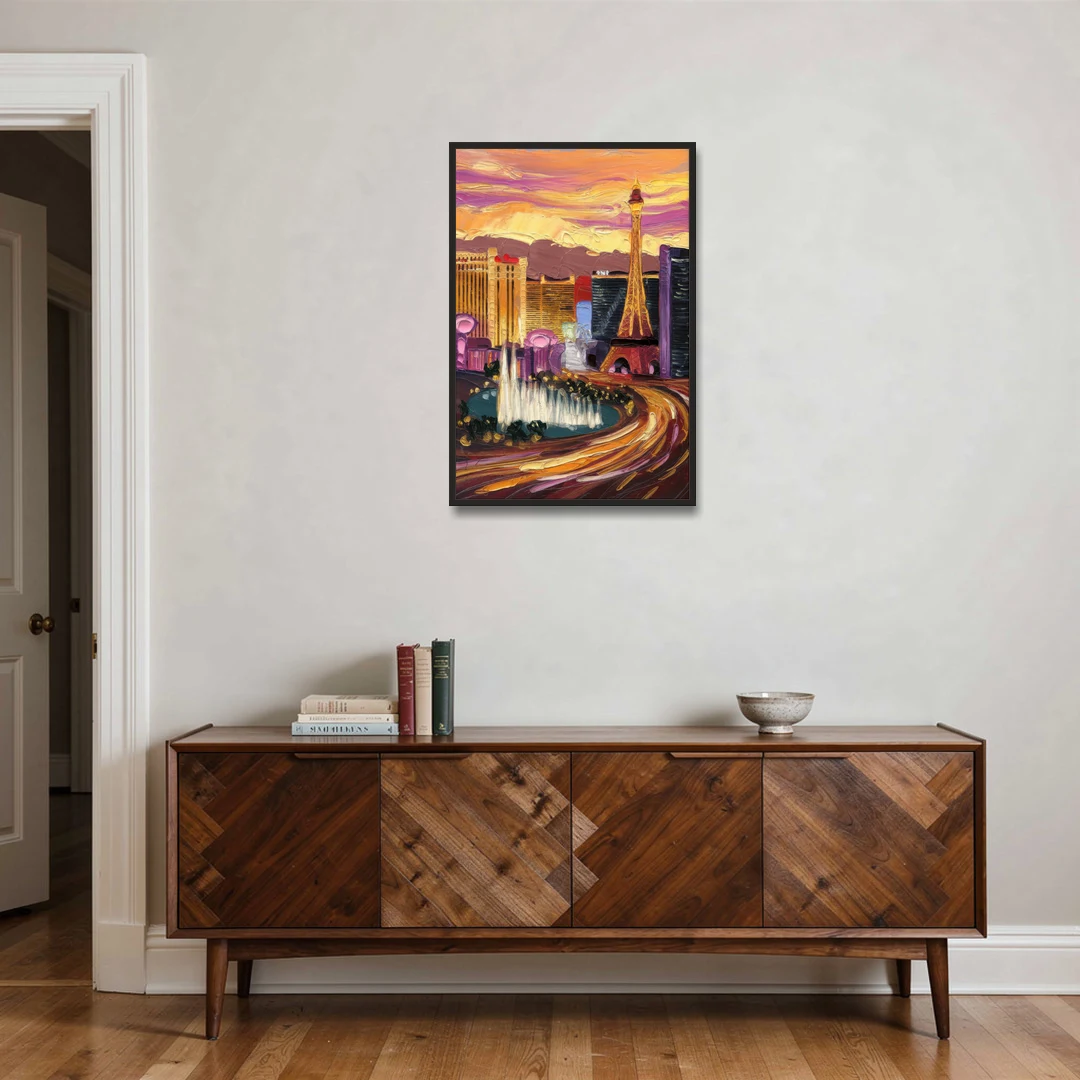 Las Vegas Skyline at Sunset - Black Framed Canvas Wall Art - Coffee Table - 24x36