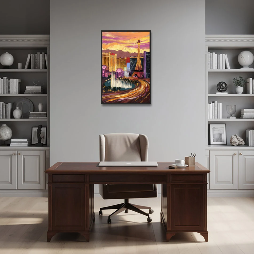 Las Vegas Skyline at Sunset - Black Framed Canvas Wall Art - Office - 24x36