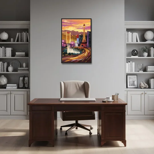 Las Vegas Skyline at Sunset - Black Framed Canvas Wall Art - Office - 24x36